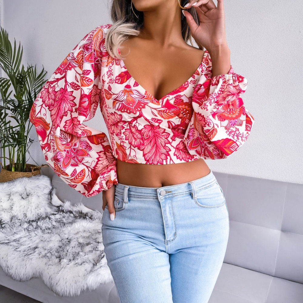 Botanical Balloon Sleeve Cropped Top - Red/Pink